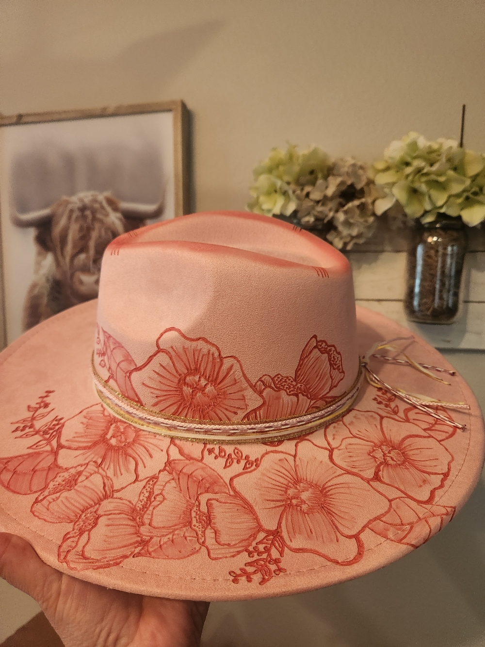 Women's Pink Floral Hand Burnt Suede Hat